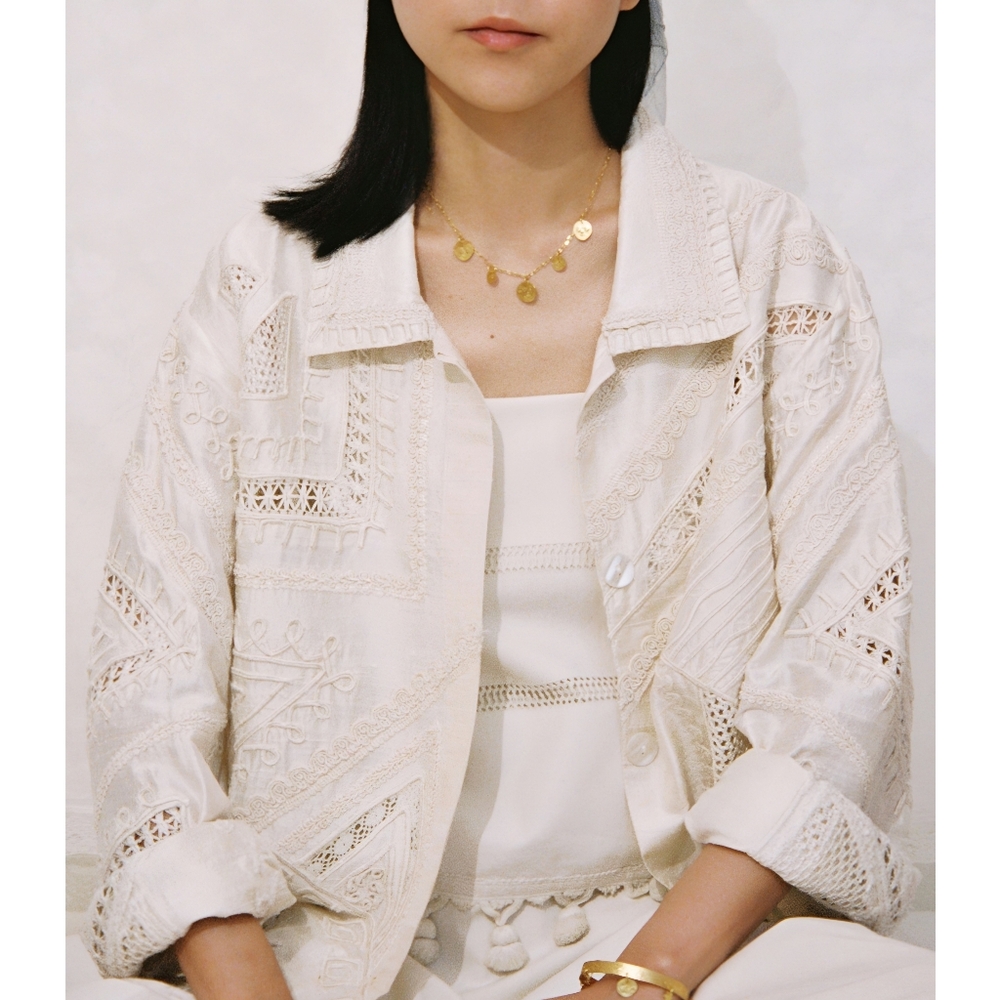 Vintage Silk Embroidered Lattice Cream Jacket, L - Picture 13 of 13